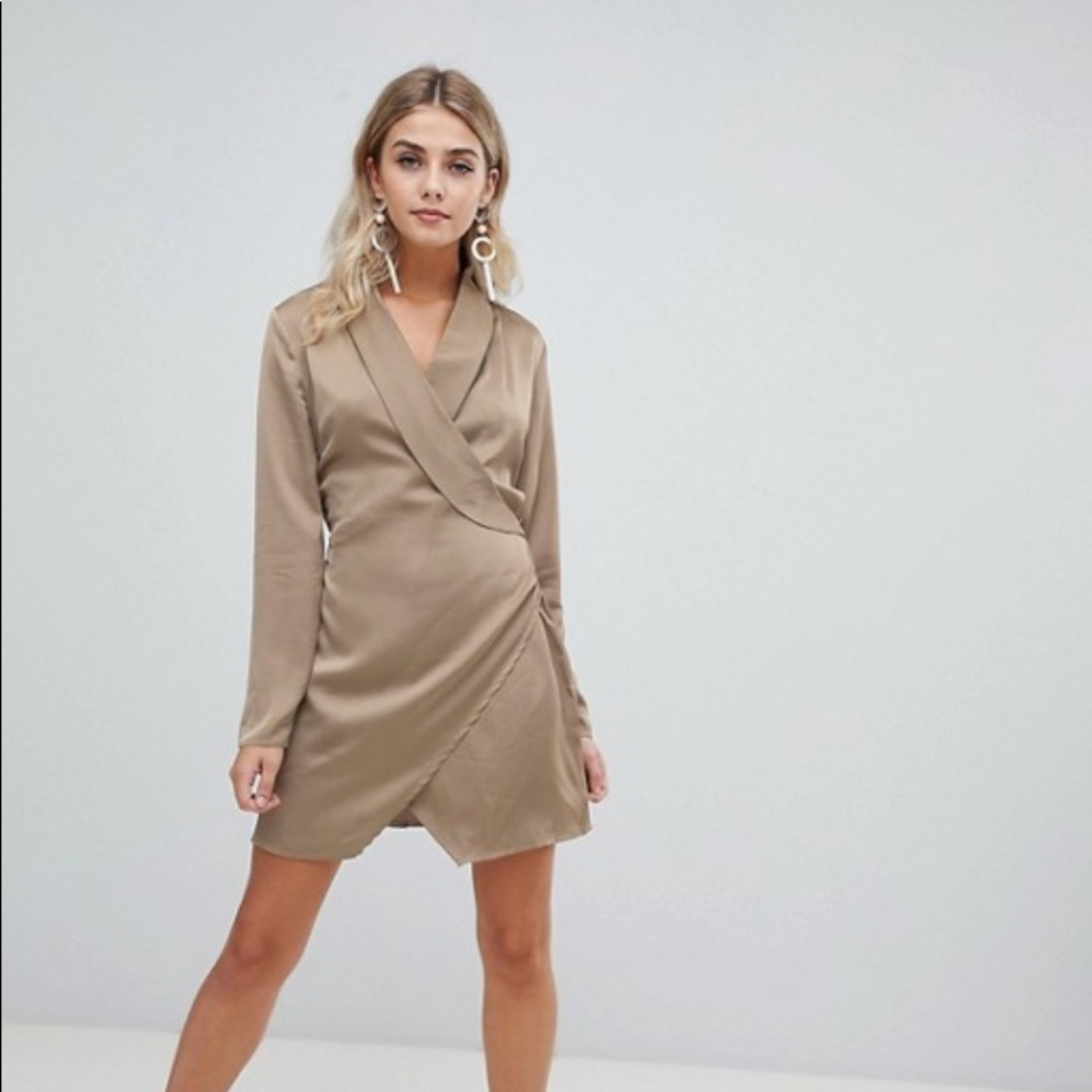 Missguided satin wrap dress in khaki